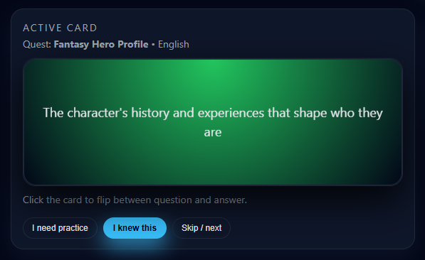Flashcard answer screen in QuestGuide