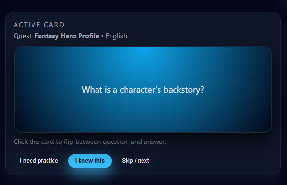 Flashcard question screen in QuestGuide