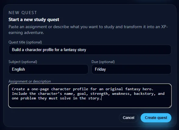 New Quest form in QuestGuide