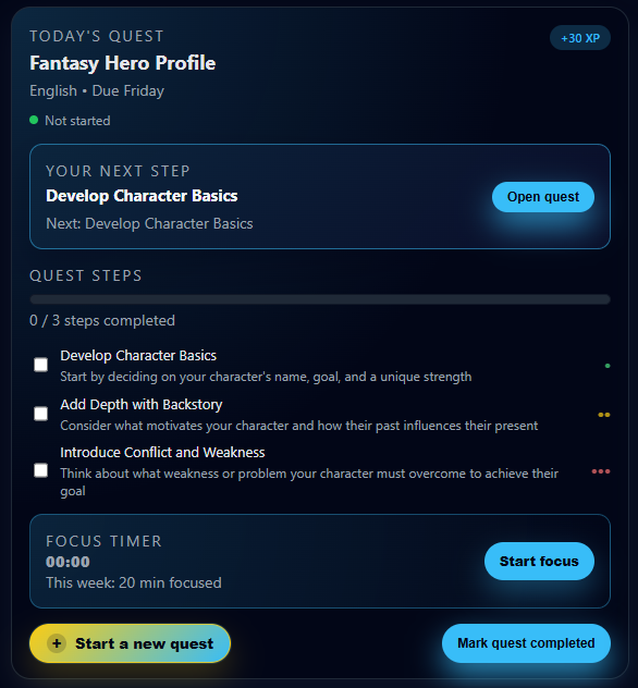 Quest detail screen with task steps and focus timer
