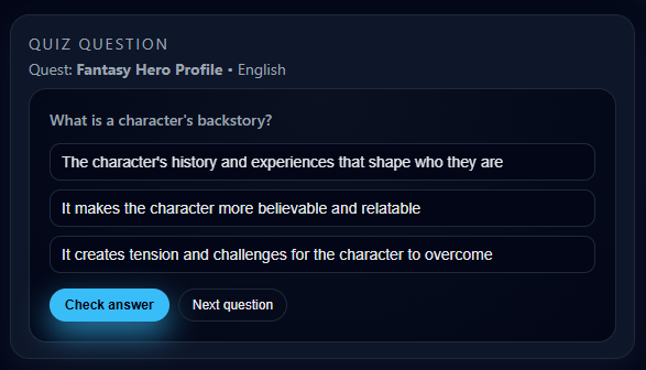 Multiple choice quiz screen in QuestGuide