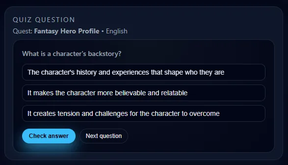Multiple choice quiz screen in QuestGuide