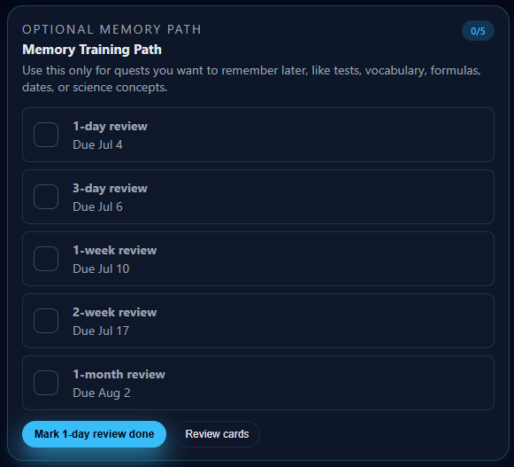 Spaced repetition review path in QuestGuide
